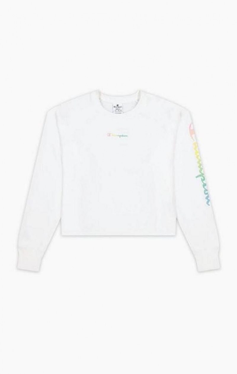 Dámské Mikiny Champion Rainbow Script Logo Print Cropped Sweatshirt Bílé | 9357-HNEMK