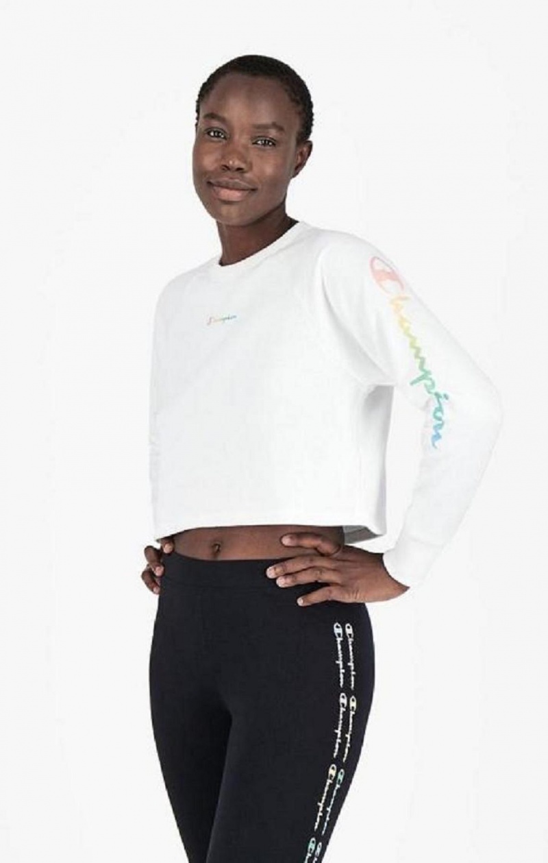 Dámské Mikiny Champion Rainbow Script Logo Print Cropped Sweatshirt Bílé | 9357-HNEMK