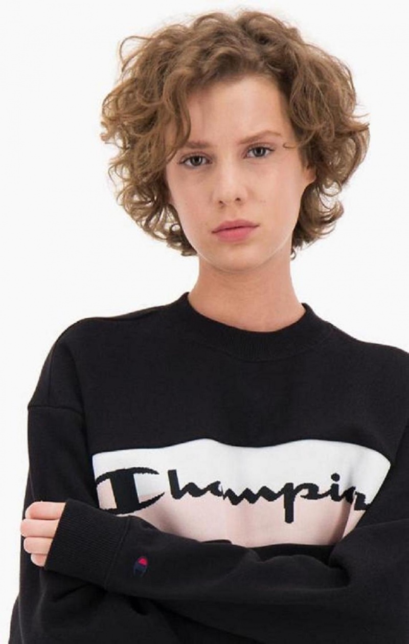 Dámské Mikiny Champion Rib Insert Script Logo Bavlněné Terry Sweatshirt Černé | 8679-AGMKL