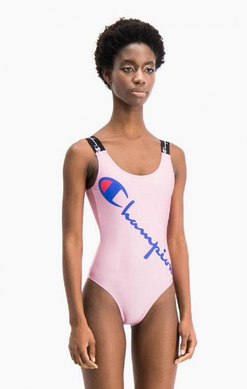 Dámské Plavky Champion Logo Straps Diagonal Script Logo Swimsuit Růžové | 2189-WGCHU