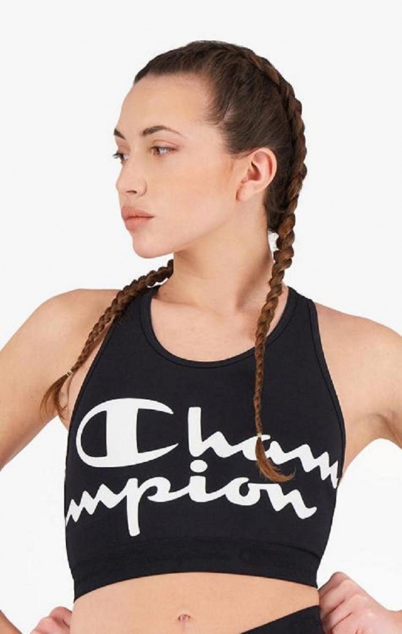 Dámské Sportovní Podprsenka Champion Script Logo Print Racer Back Sports Bra Černé | 3051-ZICTJ