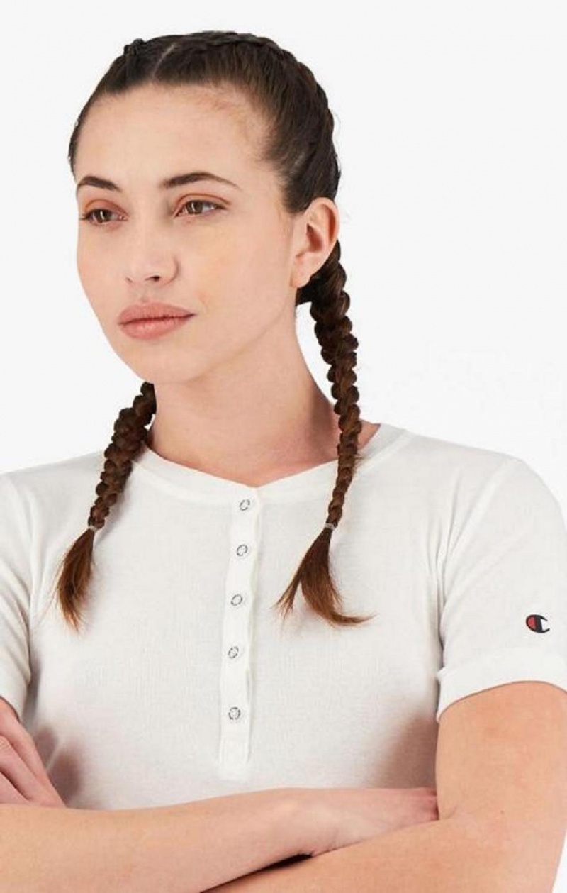 Dámské Tričko Champion Bavlněné Rib Button Up T-Shirt Bílé | 2408-QSDOU