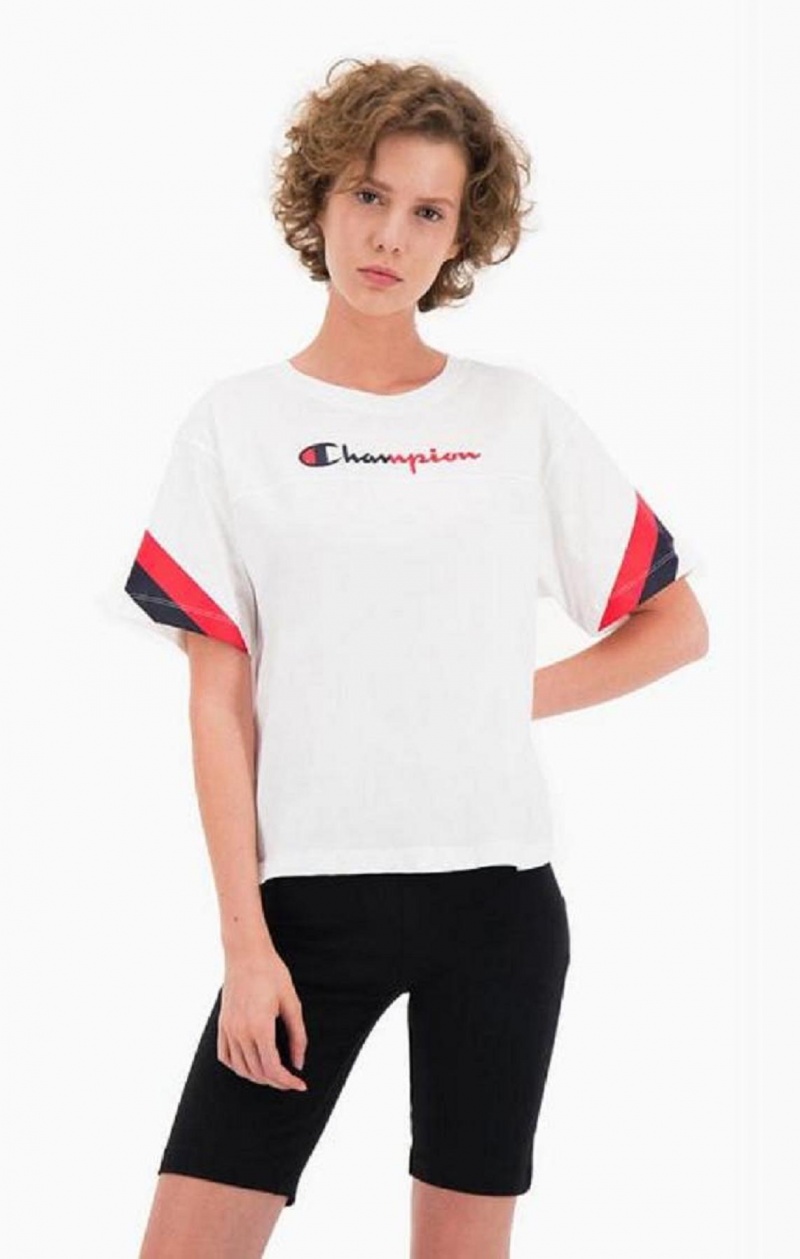 Dámské Tričko Champion Contrast Logo Stripe Jersey Top Bílé | 6271-MYKXL