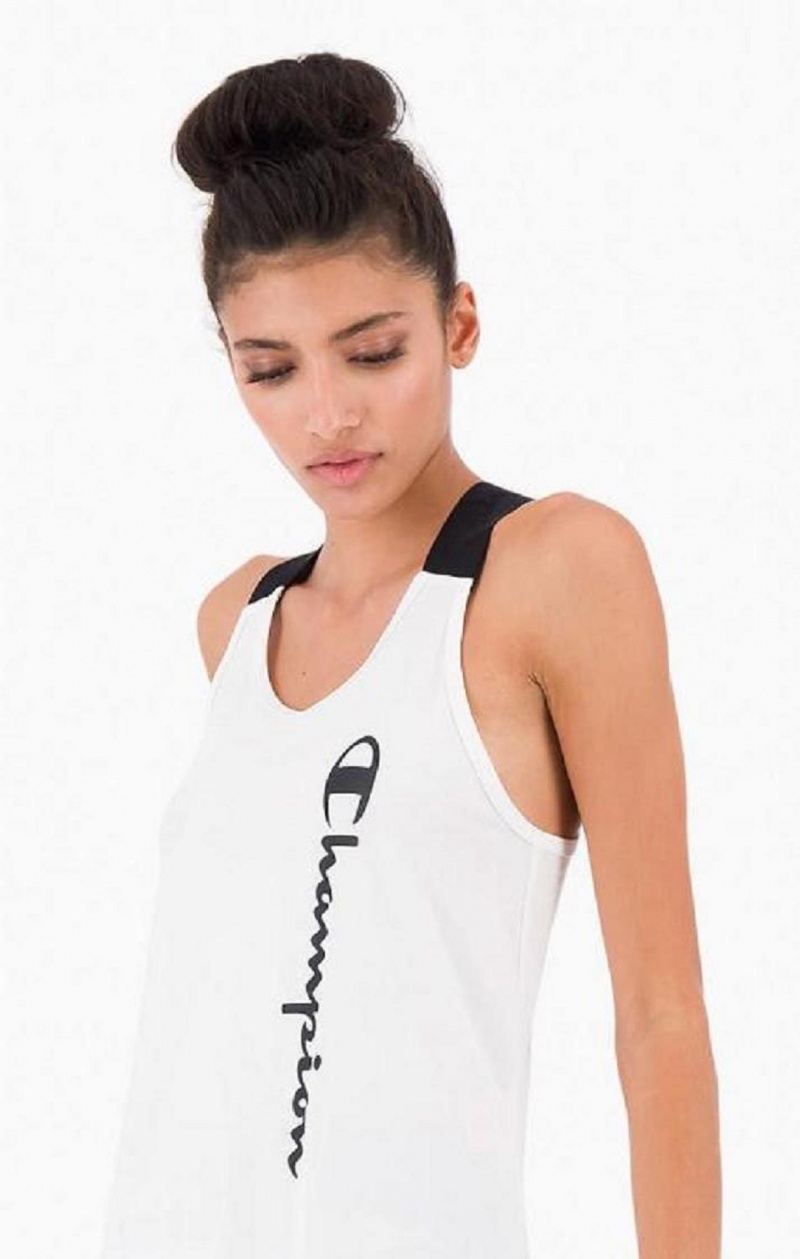 Dámské Tričko Champion Logo Tape Criss-Cross Back Jersey Tank Top Bílé | 2046-TKGQV