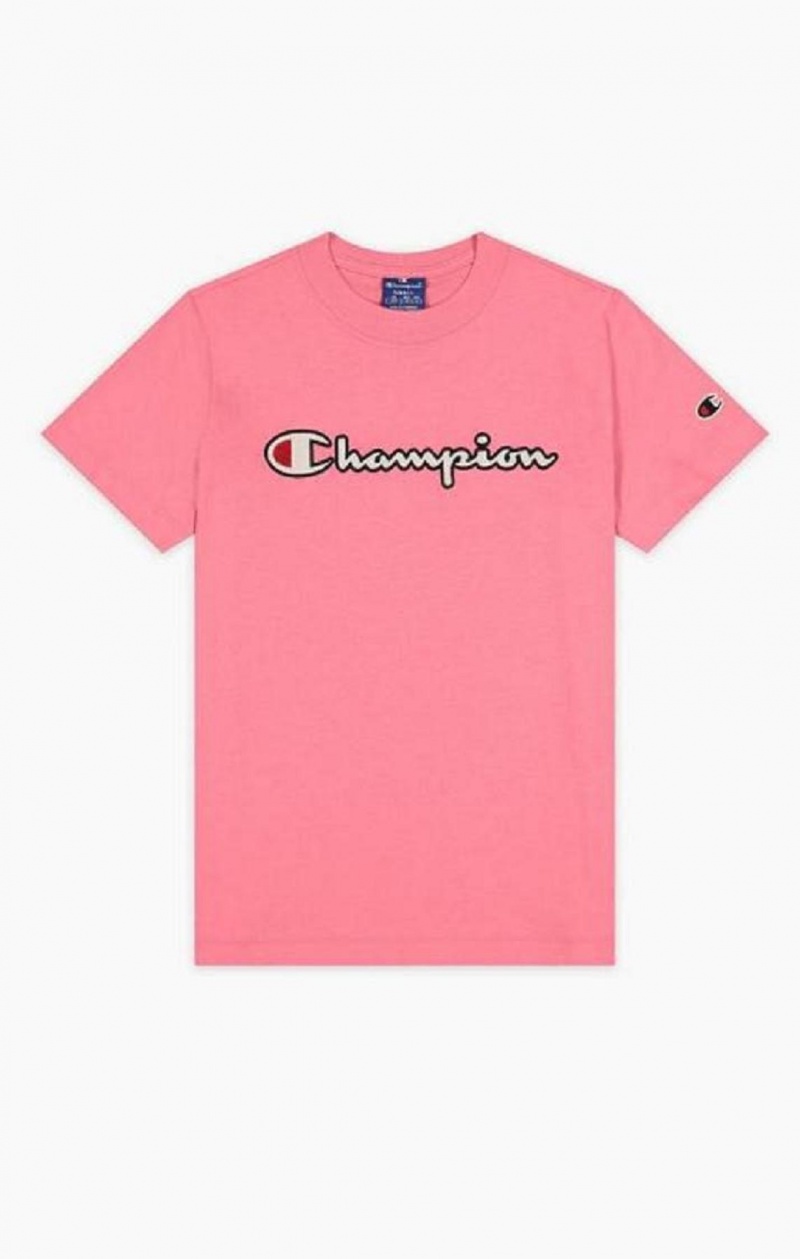 Dámské Tričko Champion Satin Stitch Script Logo T-Shirt Růžové | 9374-EAISB