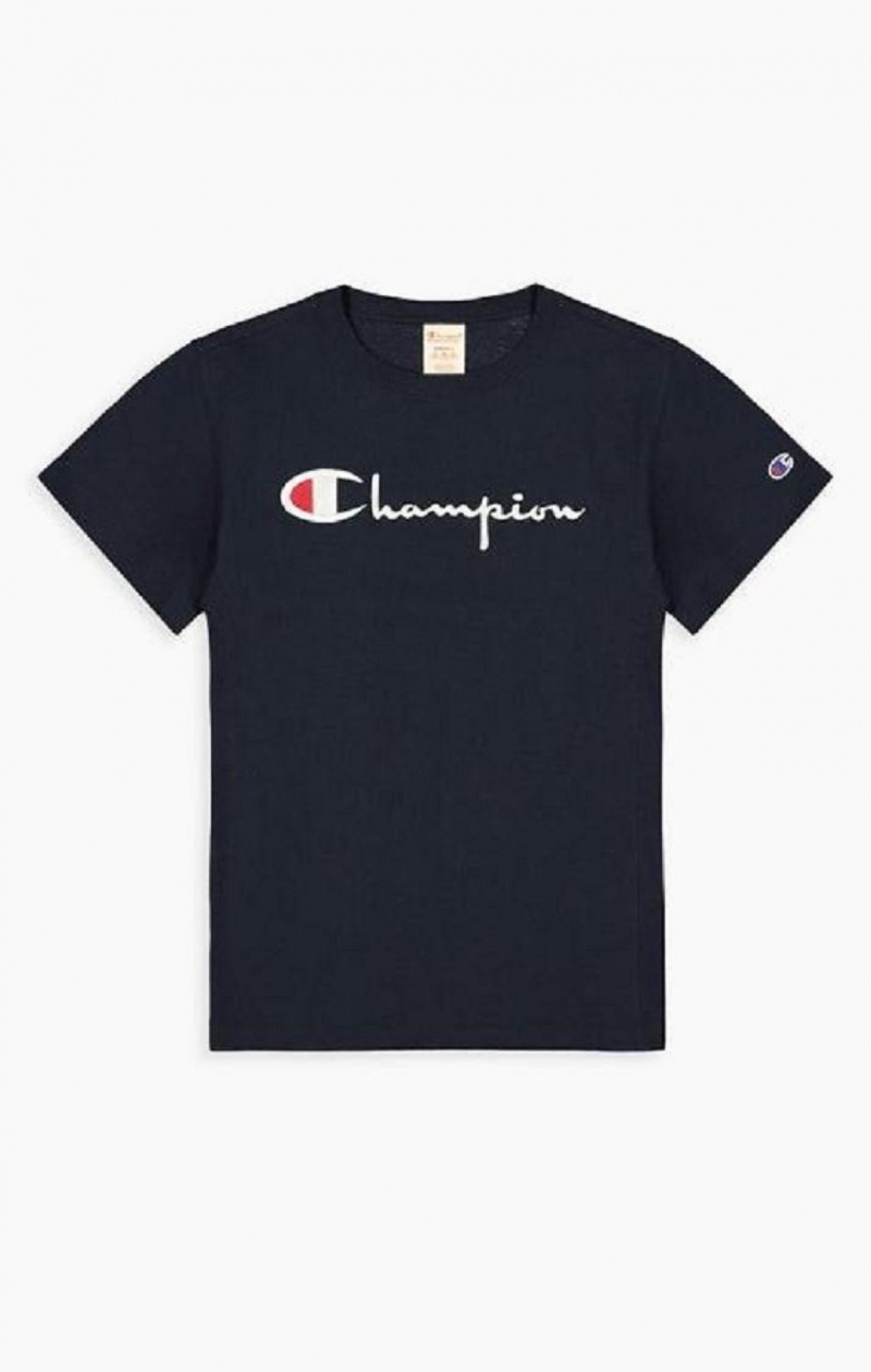 Dámské Tričko Champion Script Logo Crew Neck T-Shirt Tmavě Blankyt | 2180-ZQJTK