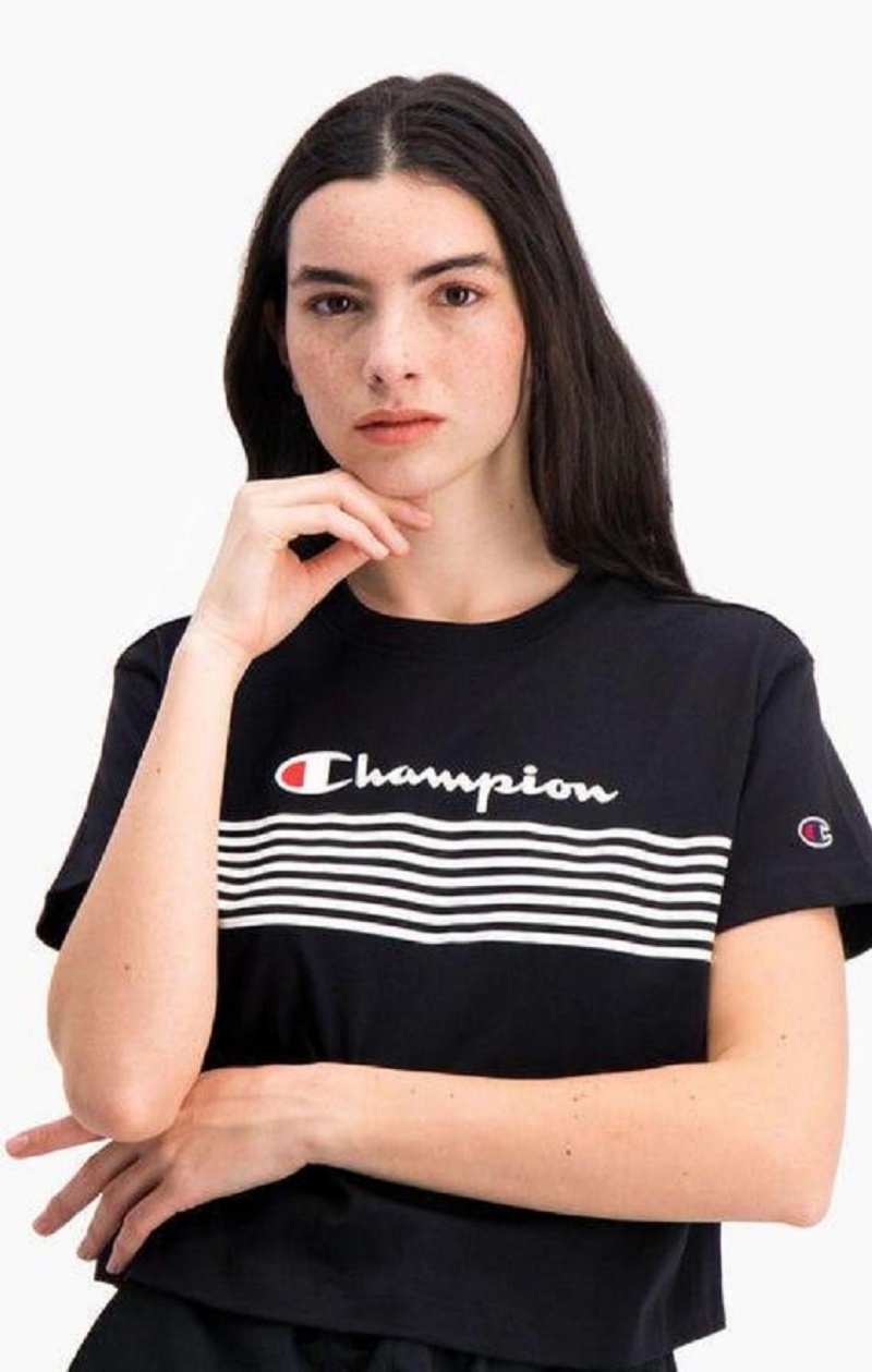 Dámské Tričko Champion Script Logo Stripe Curved Hem Cropped T-Shirt Černé | 7504-QJAYK