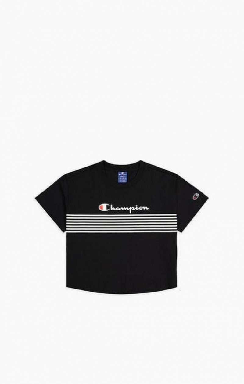 Dámské Tričko Champion Script Logo Stripe Curved Hem Cropped T-Shirt Černé | 7504-QJAYK