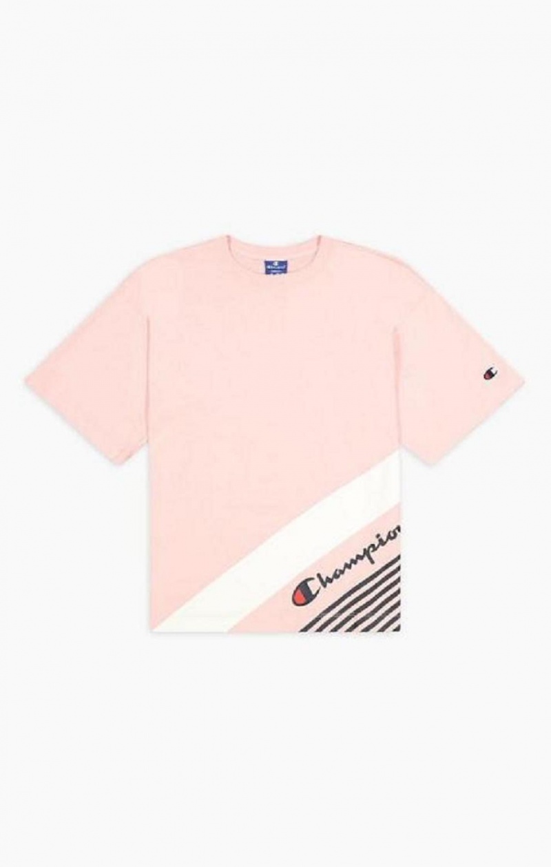 Dámské Tričko Champion Stripe Detail Script Logo T-Shirt Růžové | 7631-GYEOF