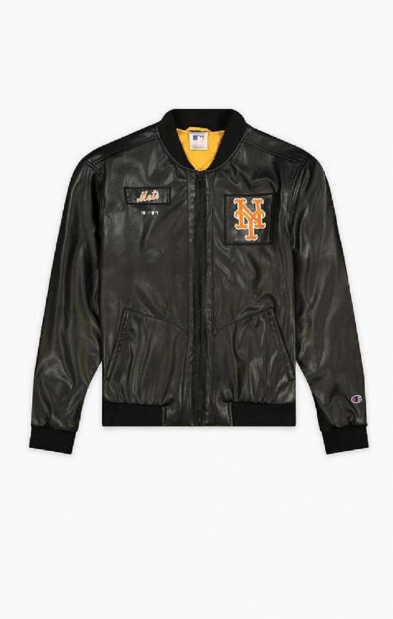 Pánské Bundy Champion New York MLB Fake Læder Bomber Jacket Černé | 0743-ZHUVE