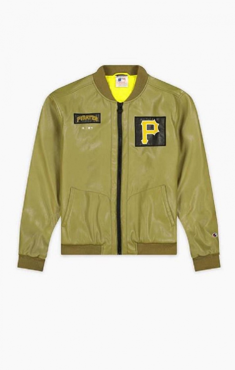 Pánské Bundy Champion Pittsburgh MLB Fake Læder Bomber Jacket Olivy Zelené Zelene | 9045-ZJTLY