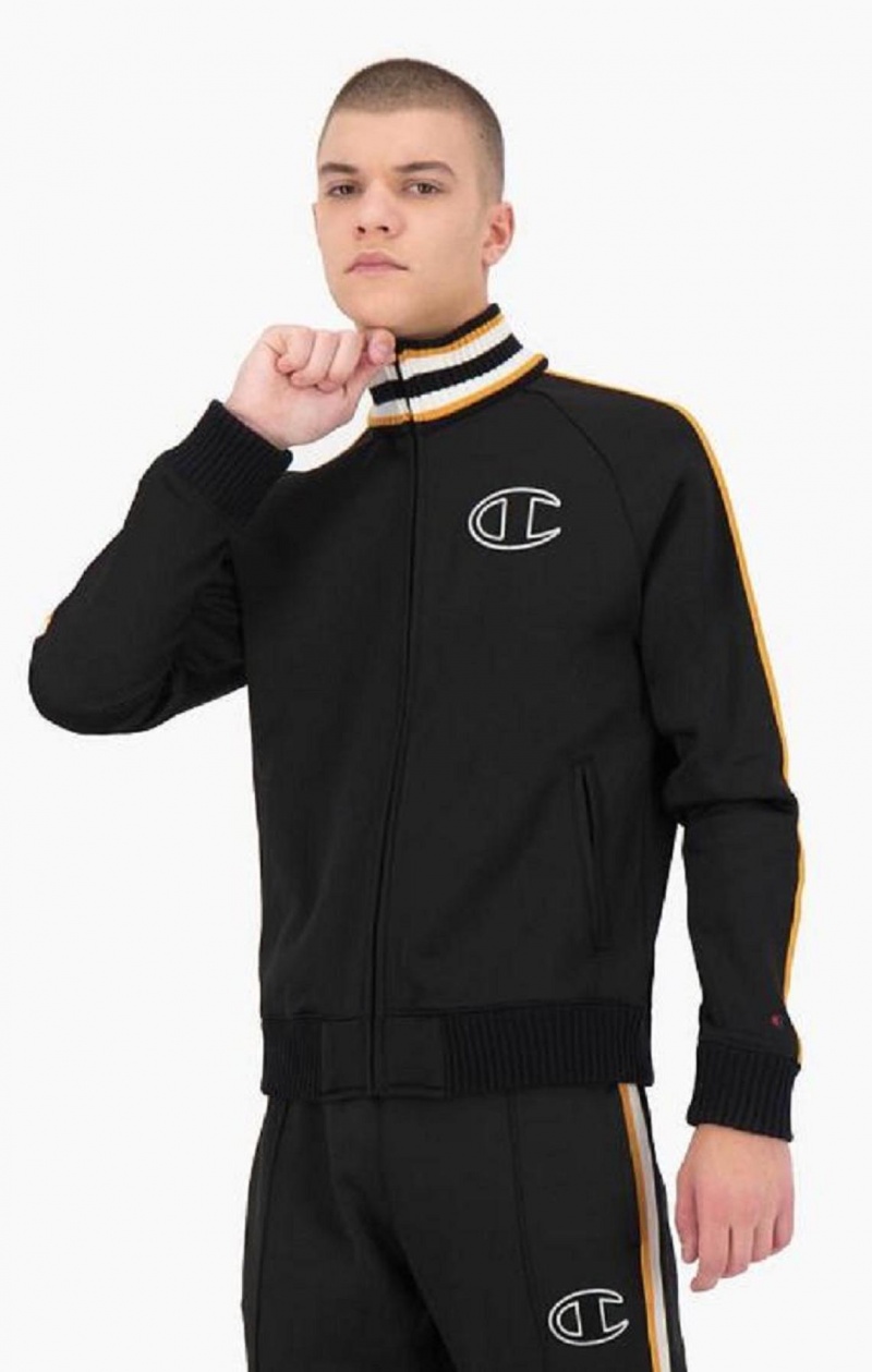 Pánské Bundy Champion Stripe Sleeve Zip-Up Fleece Jacket Černé | 1593-UHNDJ