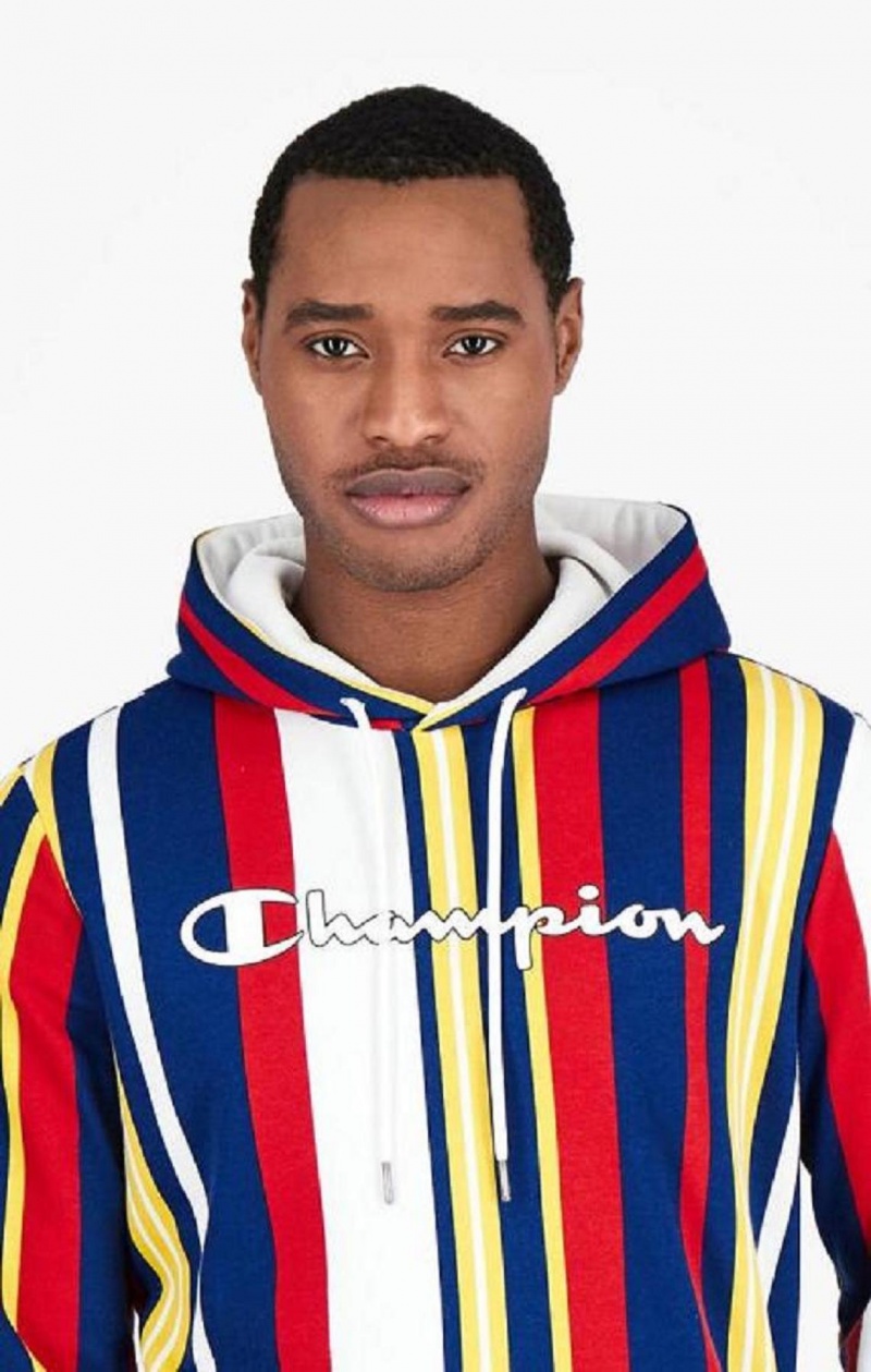 Pánské Mikina s Kapucí Champion Candy Stripe Script Logo Hoodie Bílé Červené Blankyt | 9754-XJFGV