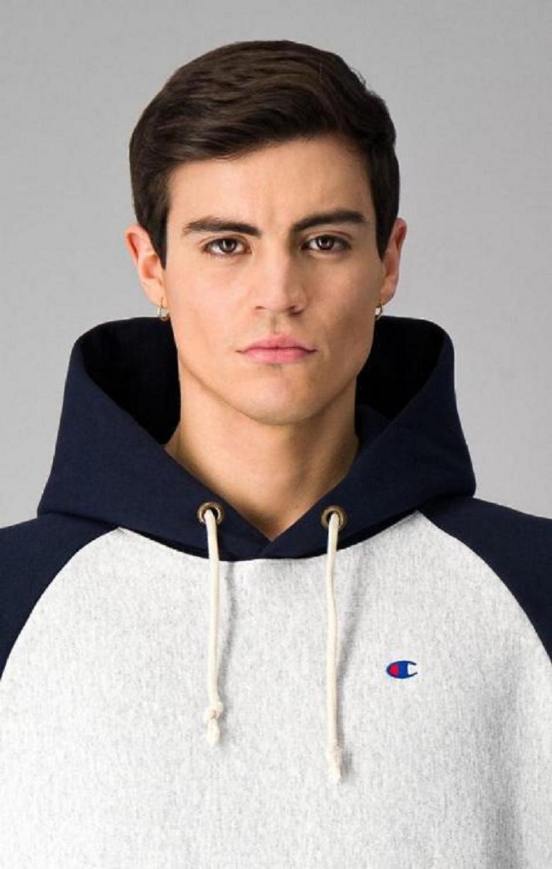 Pánské Mikina s Kapucí Champion Logo Hood Colour Block Reverse Weave Hoodie Světle Šedé | 2795-UYQWF