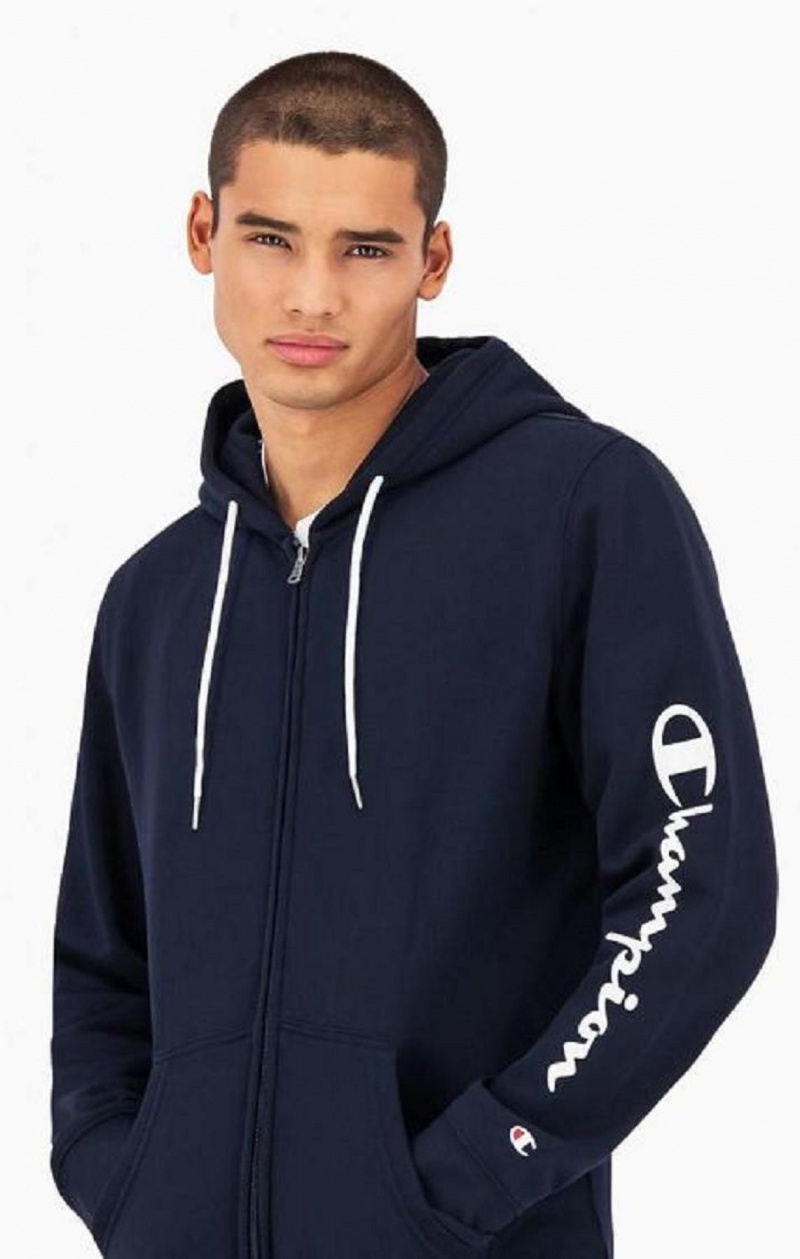 Pánské Mikina s Kapucí Champion Logo Sleeve Zip-Up Fleece Hoodie Tmavě Blankyt | 3274-BXZWQ