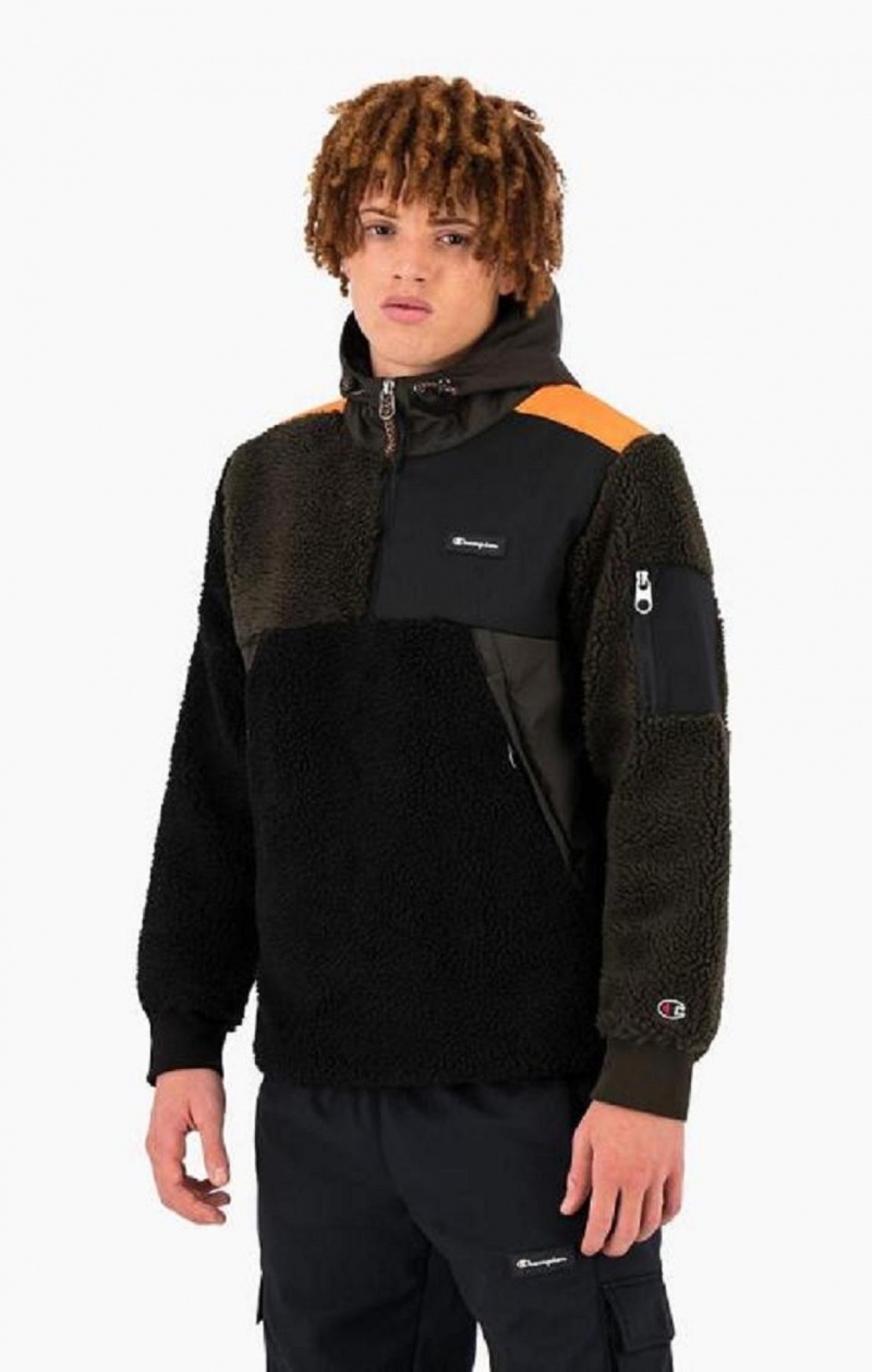 Pánské Mikina s Kapucí Champion Patchwork Half Zip-Up Teddy Hoodie Černé | 9037-VTNHM