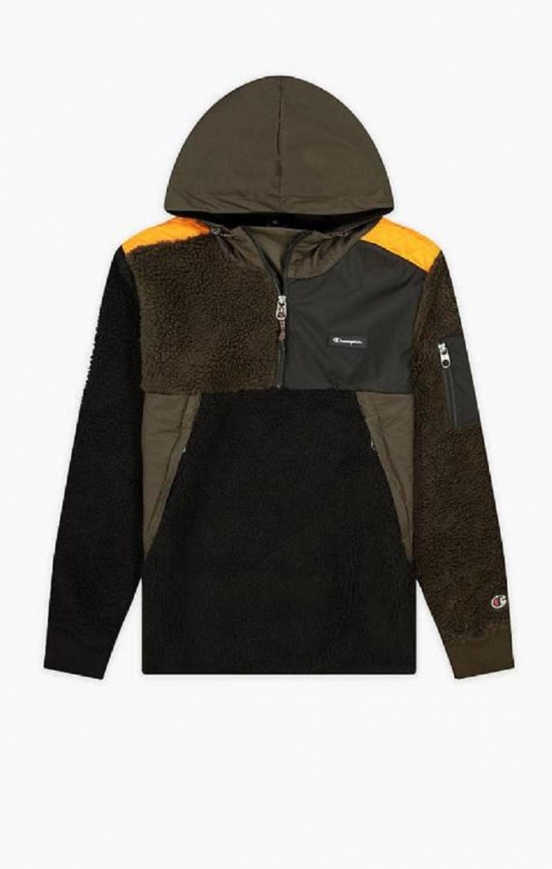 Pánské Mikina s Kapucí Champion Patchwork Half Zip-Up Teddy Hoodie Černé | 9037-VTNHM