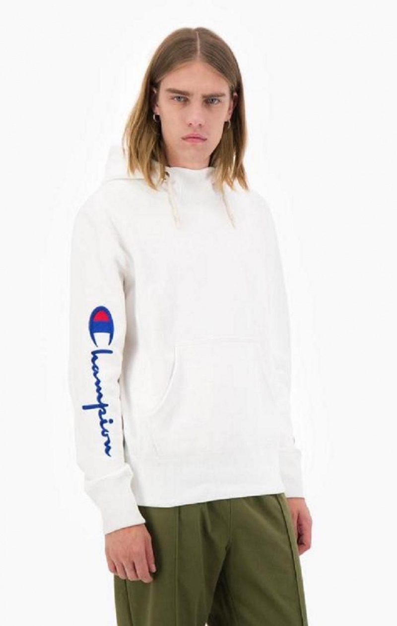 Pánské Mikina s Kapucí Champion Script Logo Arm Reverse Weave Hoodie Bílé | 3658-RXNHB