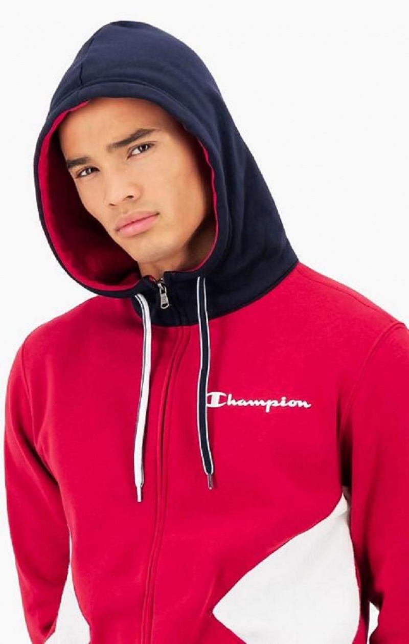 Pánské Mikina s Kapucí Champion Script Logo Colour Block Fleece Zip-Up Hoodie Červené | 0198-MGPKU