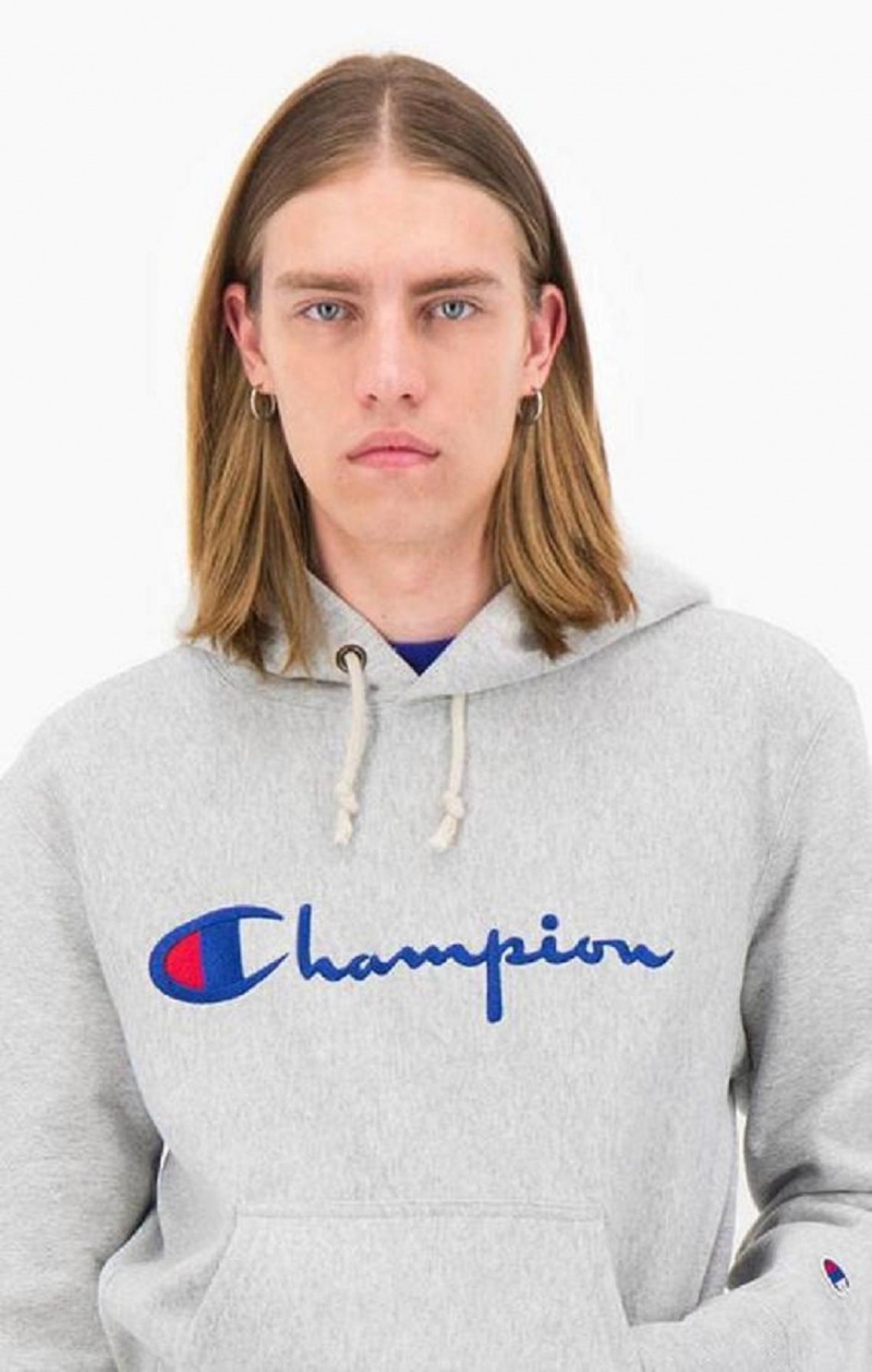 Pánské Mikina s Kapucí Champion Script Logo Reverse Weave Hoodie Světle Šedé | 5287-YJZKI