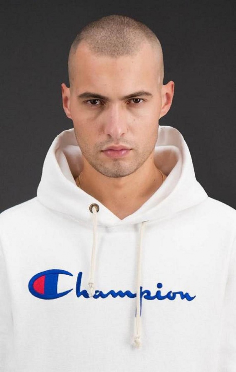 Pánské Mikina s Kapucí Champion Script Logo Reverse Weave Hoodie Bílé | 7904-KBQIU