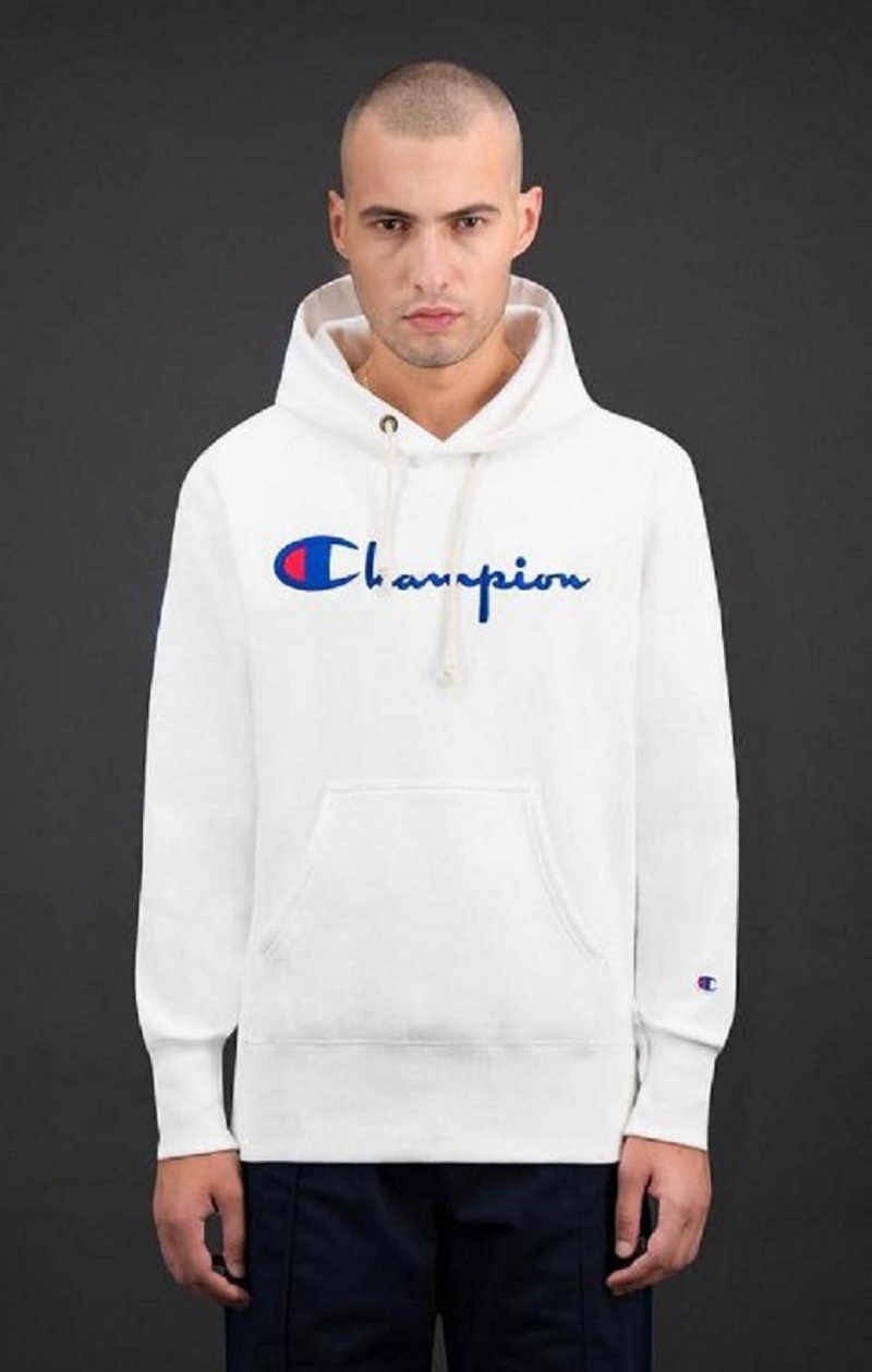 Pánské Mikina s Kapucí Champion Script Logo Reverse Weave Hoodie Bílé | 7904-KBQIU