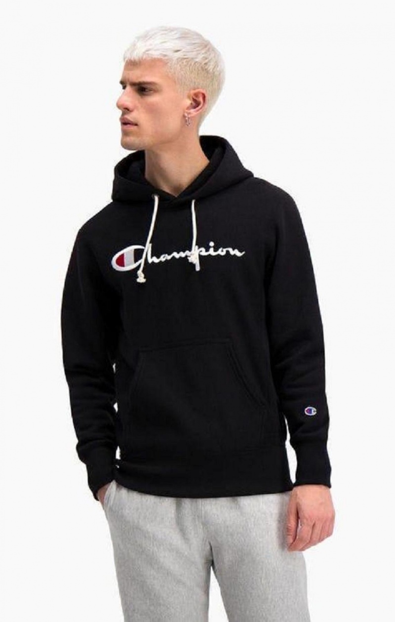 Pánské Mikina s Kapucí Champion Script Logo Reverse Weave Hoodie Černé | 0381-FZJKA