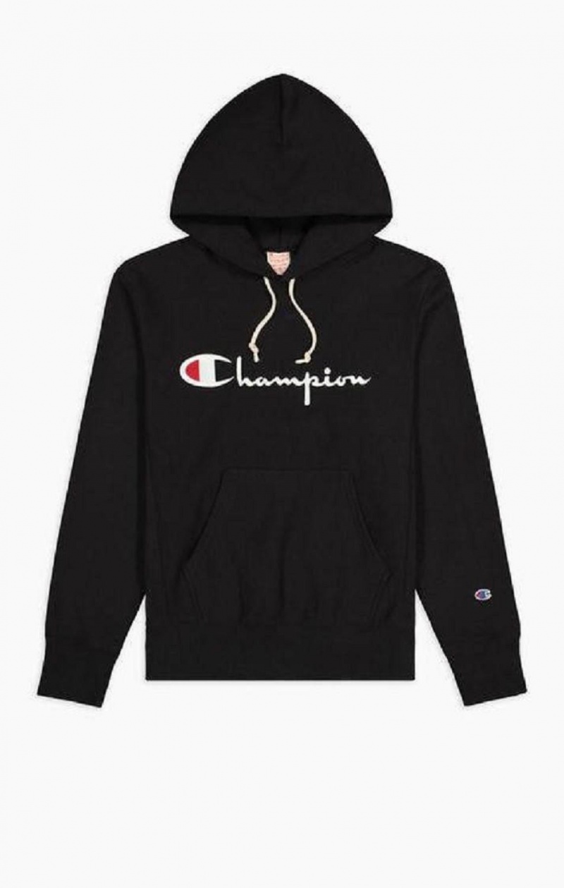 Pánské Mikina s Kapucí Champion Script Logo Reverse Weave Hoodie Černé | 0381-FZJKA