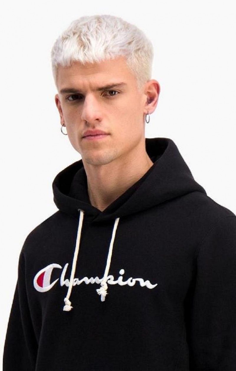 Pánské Mikina s Kapucí Champion Script Logo Reverse Weave Hoodie Černé | 0381-FZJKA