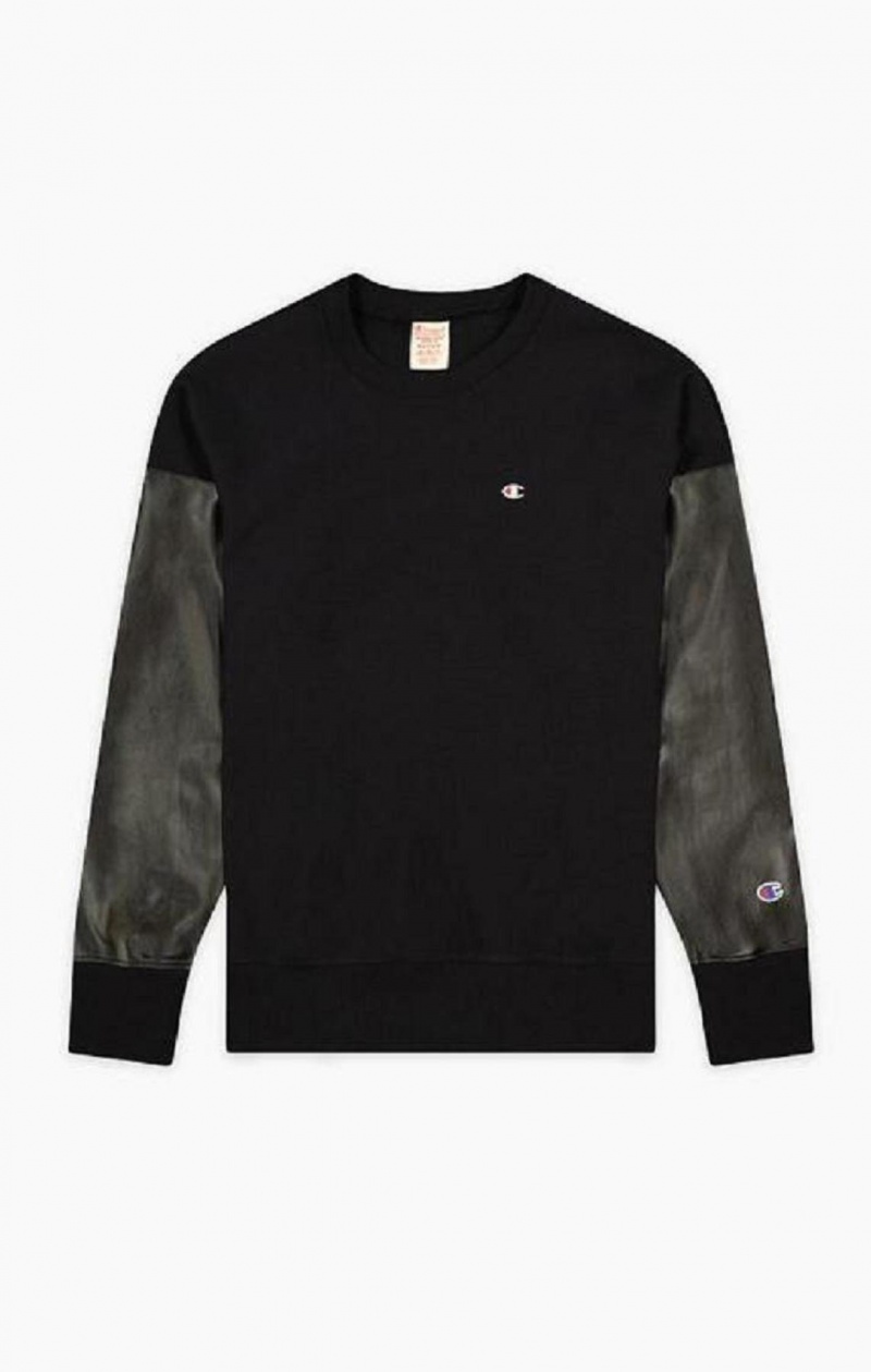 Pánské Mikiny Champion Faux Læder Panel Reverse Weave Sweatshirt Černé | 0325-LRQVB