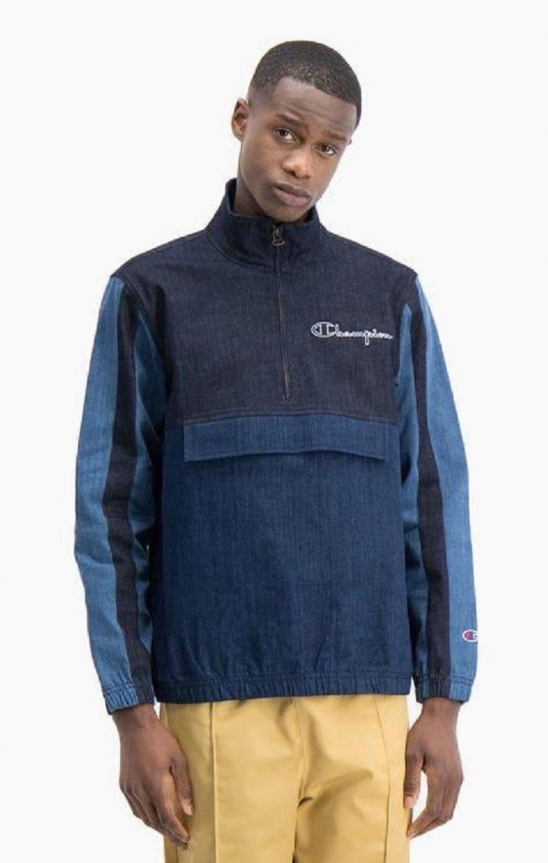 Pánské Mikiny Champion Half Zip-Up Denim Patchwork Sweatshirt Tyrkysové Blankyt | 7641-DUXKB