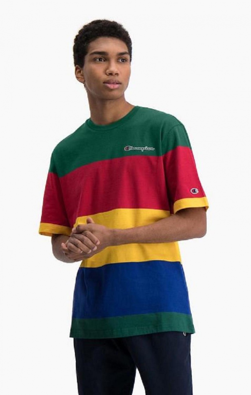 Pánské Tričko Champion Colour Block Stripe T-Shirt Zelene Červené Žluté | 0562-KFQYO