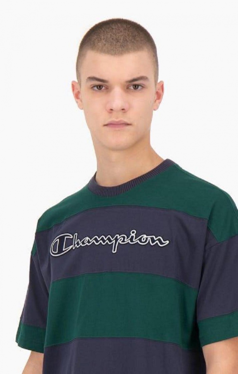 Pánské Tričko Champion Pruhovaný Script Logo T-Shirt Zelene | 4108-PNGXC